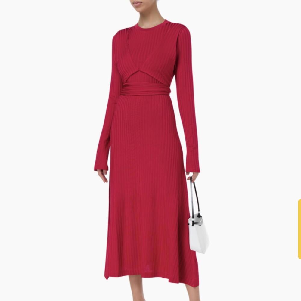 Altuzarra Ribbed Long Sleeve Midi Dress in Red XS